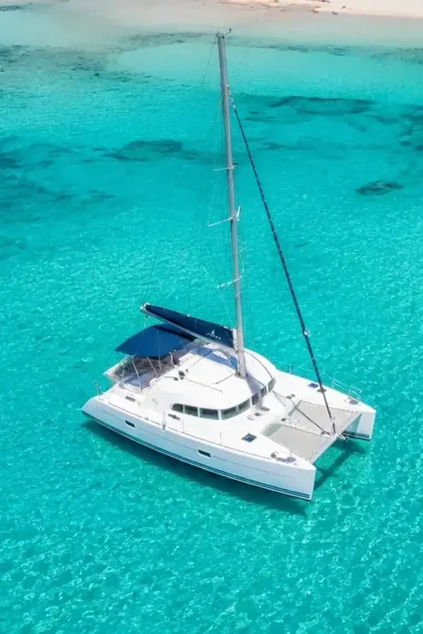 lagoon 380 in balos lagoon blue water aerial photo